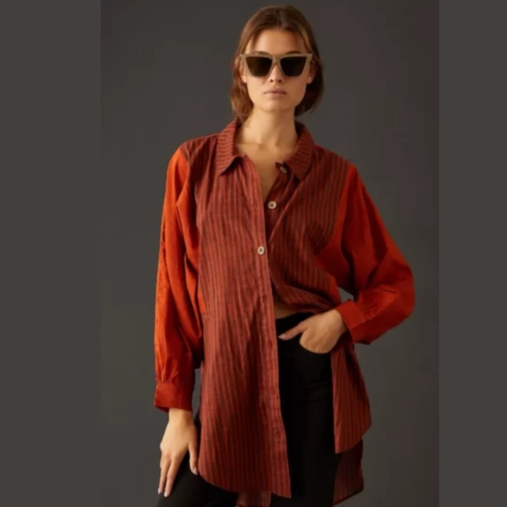 Anthropologie Gauze Orange Brown Striped Boho Tunic Top Short XS